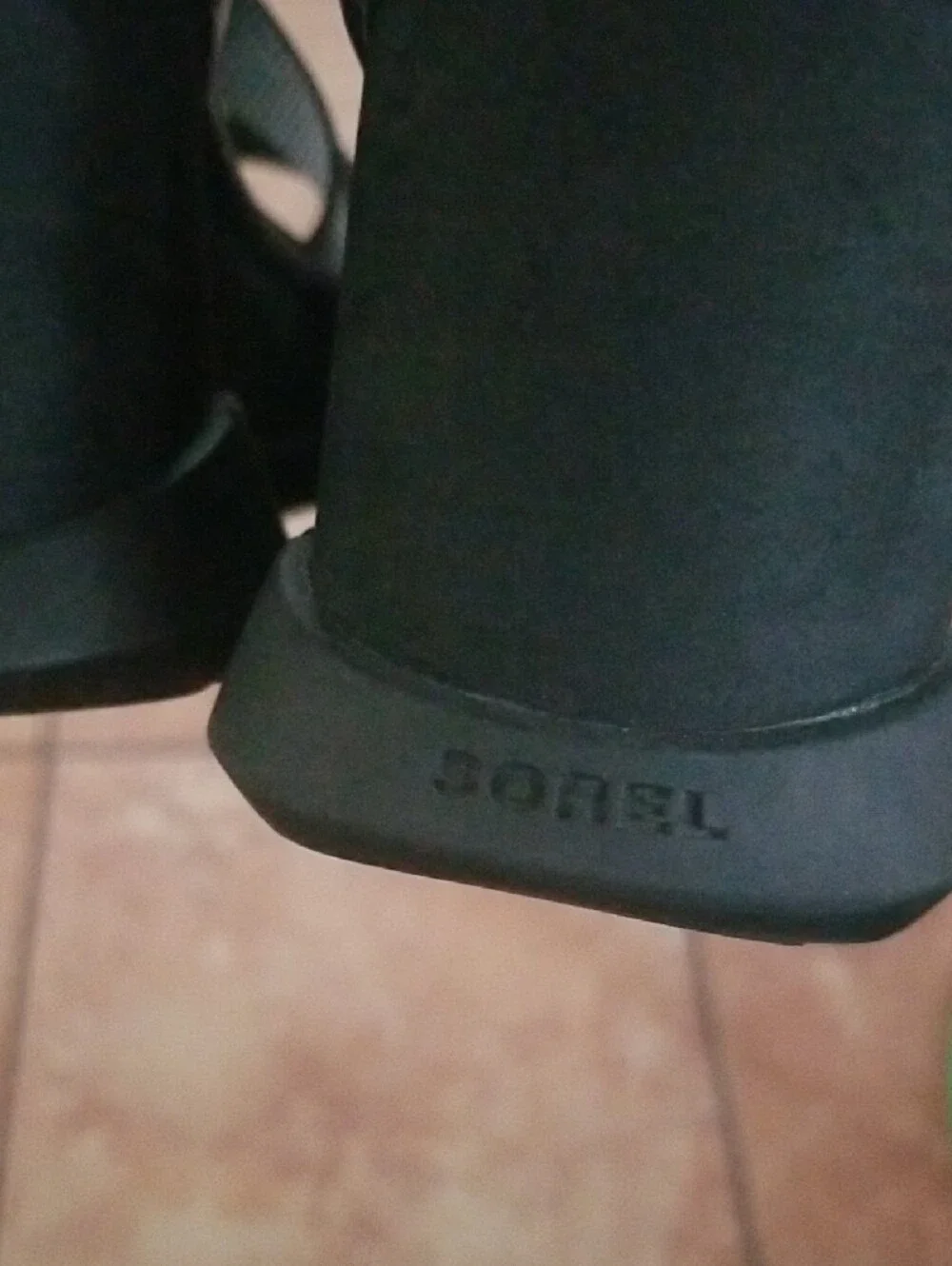 Sorel Black Sandals with White Striped Crisscross Straps